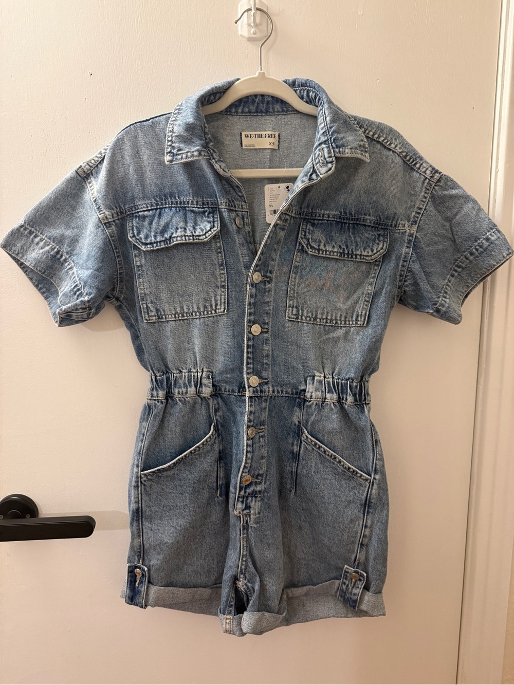 Free People We The Free Light Blue Denim One-Piece Romper with Pockets